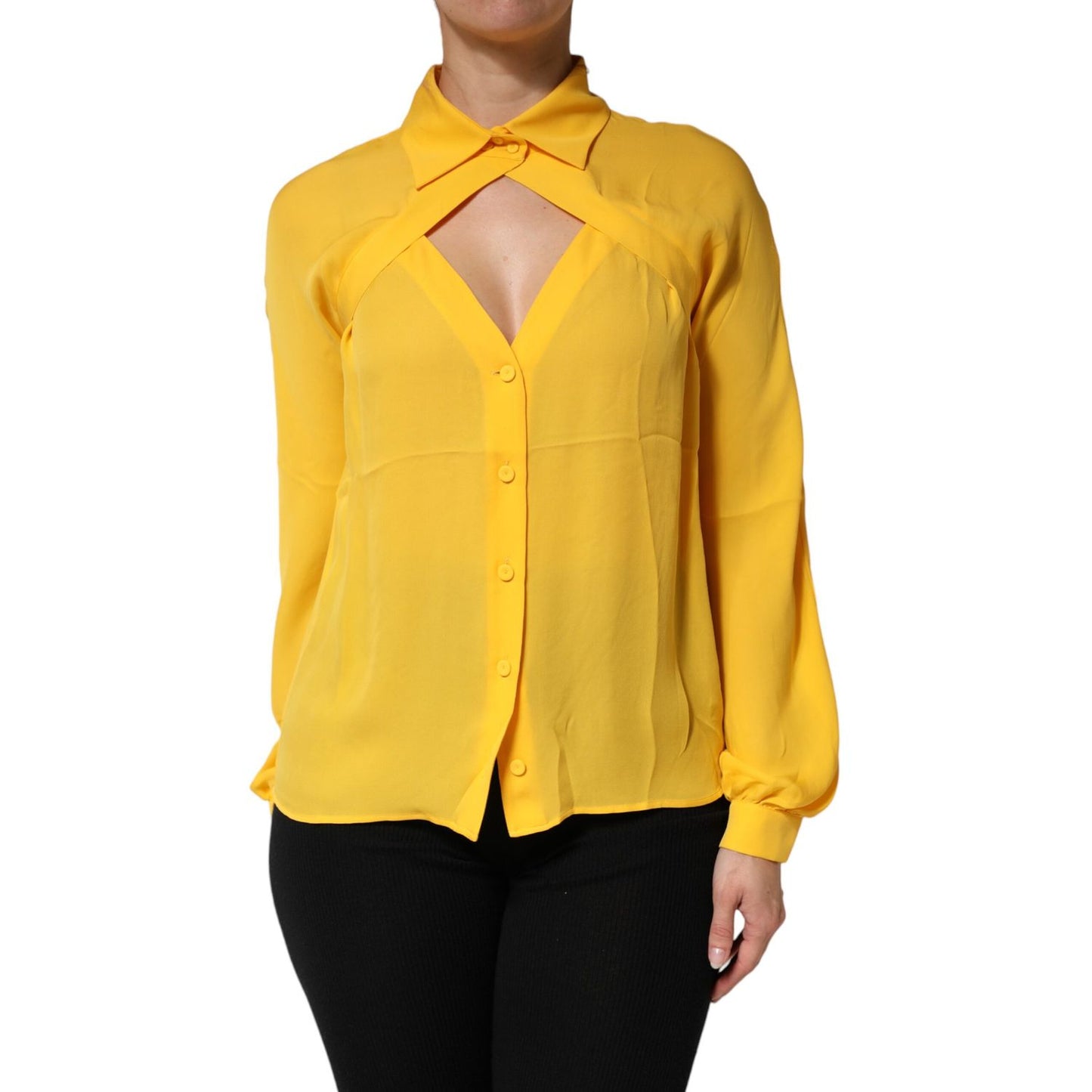 Moschino Couture Yellow Silk Collared Long Sleeves Top