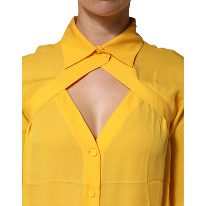 Moschino Couture Yellow Silk Collared Long Sleeves Top