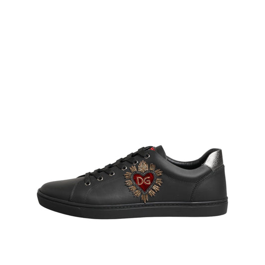 Dolce & Gabbana Black Leather Heart Embellished Sneakers Shoes