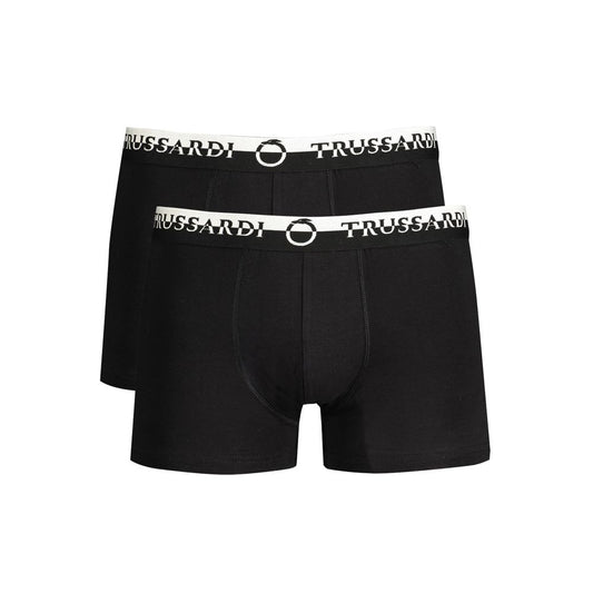Trussardi Black Cotton Underwear featuring boxer parts, double elastic, elastic waist, logo print, and bi-pack design.