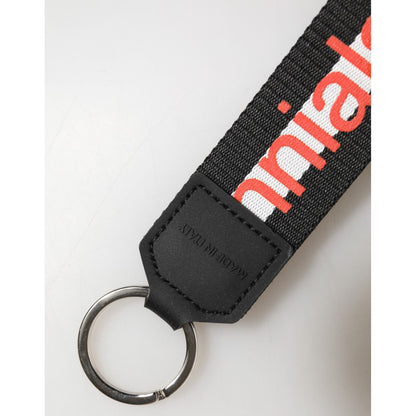 Dolce & Gabbana Black Logo Polyester Silver Brass Holder Keychain Keyring