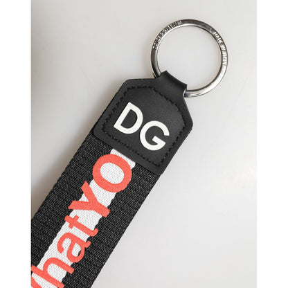 Dolce & Gabbana Black Logo Polyester Silver Brass Holder Keychain Keyring