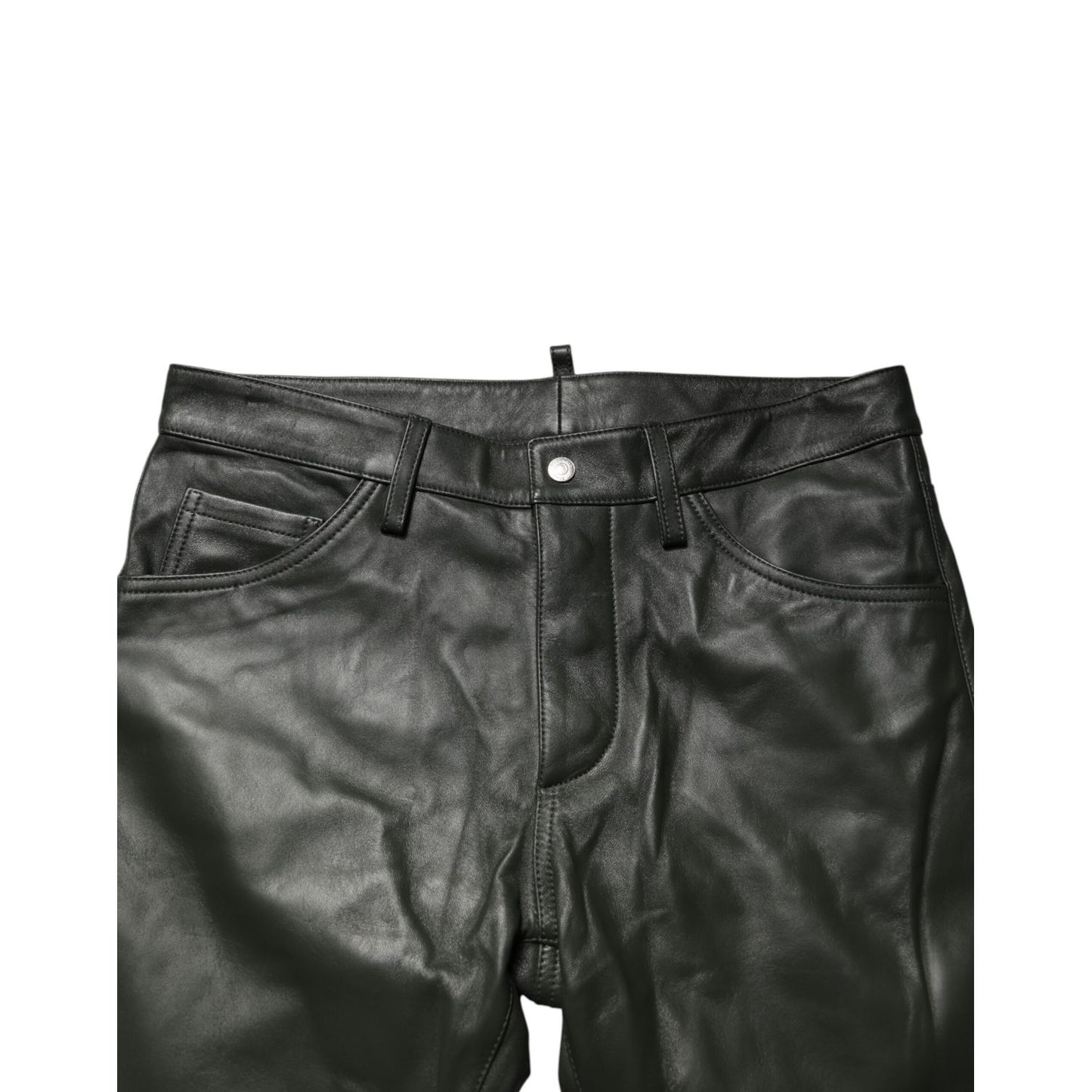 Dsquared² Black Full Grain Leather Mid Waist Trouser Pants