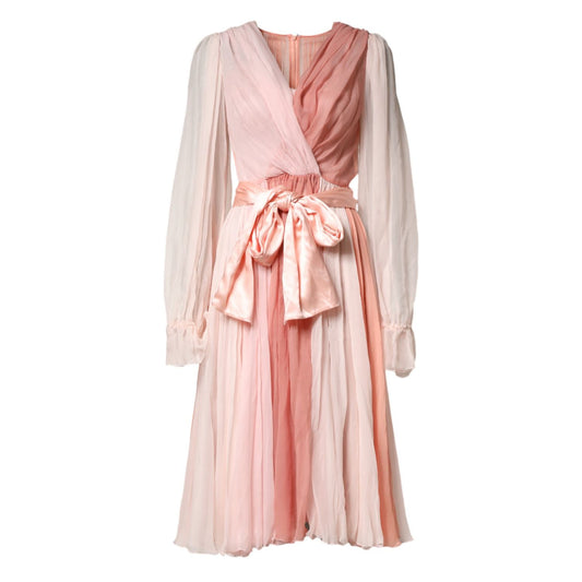 Dolce & Gabbana Pink Silk Tulle Long Sleeve V-neck Dress