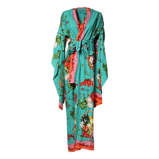 Dolce & Gabbana Green Printed Long Sleeve Wrap Coat Dress