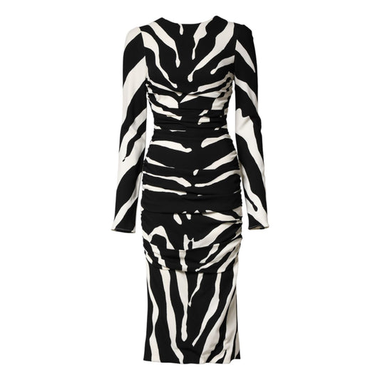 Dolce & Gabbana Black White Zebra Viscose Sheath Midi Dress