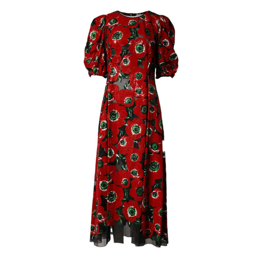 Dolce & Gabbana Red Floral Print Nylon A-line Midi Dress