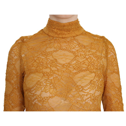 Mangano Mustard Turtle Neck Long Sleeve Lace Top Blouse