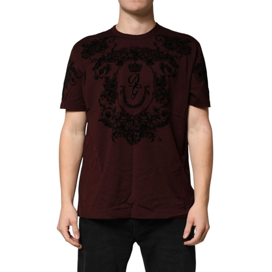 Dolce & Gabbana Maroon DG Crown Floral Crewneck Men T-shirt