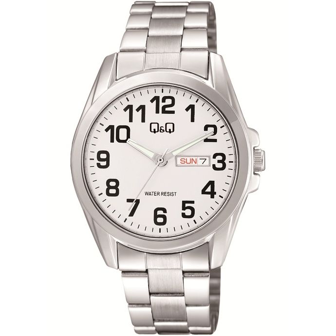 Q&Q Mod. GENT DAY & DATE wristwatch with metal case and strap, quartz movement, day and date function, and 3 ATM water resistance.