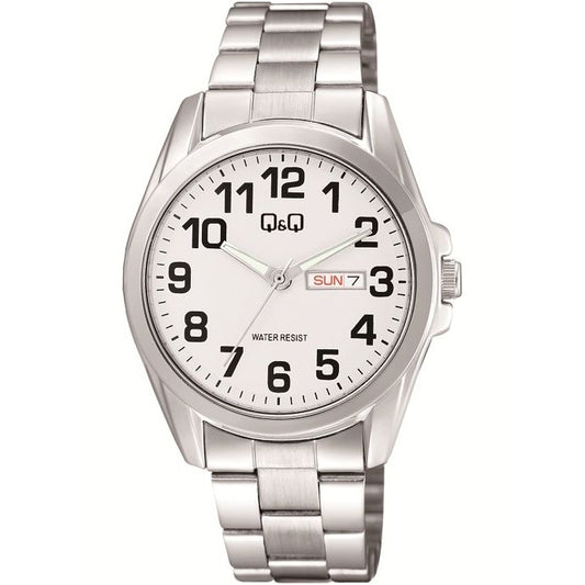 Q&Q Mod. GENT DAY & DATE wristwatch with metal case and strap, quartz movement, day and date function, and 3 ATM water resistance.