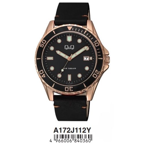 Q&Q Mod. GENT DATE wristwatch with quartz movement, 43mm metal case, black leather strap, and mineral dial. Water resistant 5 ATM.