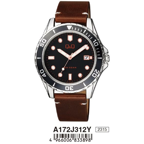 Q&Q Mod. GENT DATE wristwatch with leather strap and black dial, water resistant 5 ATM, packaged in an official box.