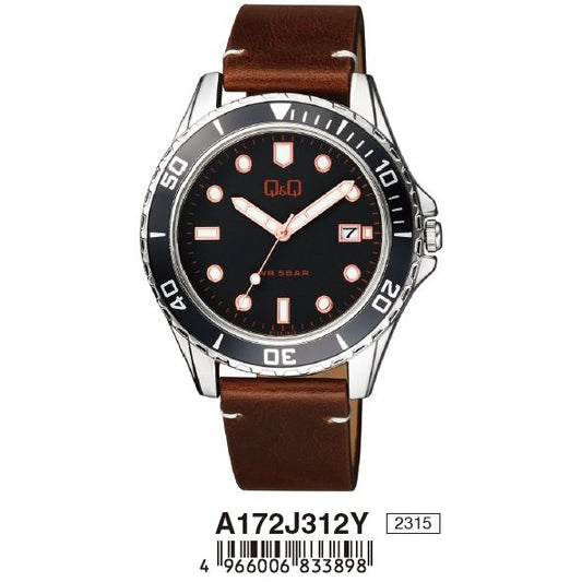 Q&Q Mod. GENT DATE wristwatch with leather strap and black dial, water resistant 5 ATM, packaged in an official box.
