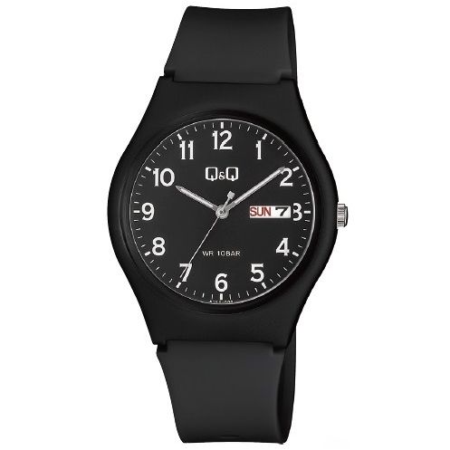 Q&Q Mod. GENT DAY & DATE wristwatch with quartz movement and black resin strap. Features day and date function. Water resistant 5 ATM.