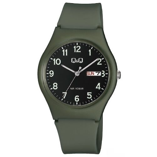 Q&Q Mod. GENT DAY & DATE wristwatch, green resin strap, 38mm plastic case, quartz movement, day & date function, water-resistant 10 ATM.