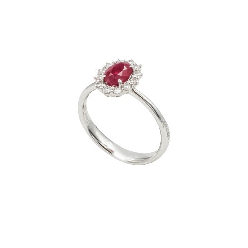 Alt Tag: Elegant ruby and diamond ring, ANELLI RECARLO MOD. R79CC001_RB025-14, luxury jewelry design, white gold band.