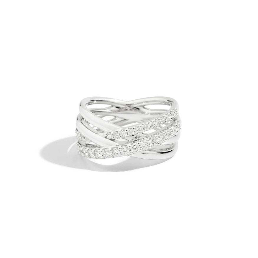 ANELLI RECARLO MOD. R81FL001_061-15 elegant silver ring with interwoven design and sparkling details on white background.