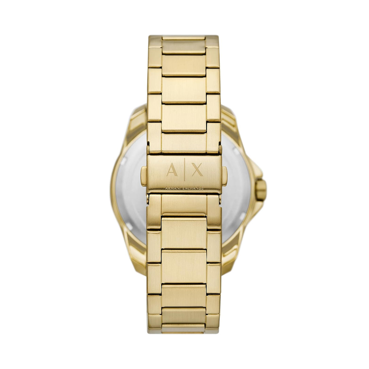 A|X ARMANI EXCHANGE Mod. SPENCER wristwatch with gold stainless steel strap, back view, quartz movement, 44 mm case, water resistant 10 ATM.