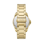 A|X ARMANI EXCHANGE Mod. SPENCER wristwatch with gold stainless steel strap, back view, quartz movement, 44 mm case, water resistant 10 ATM.