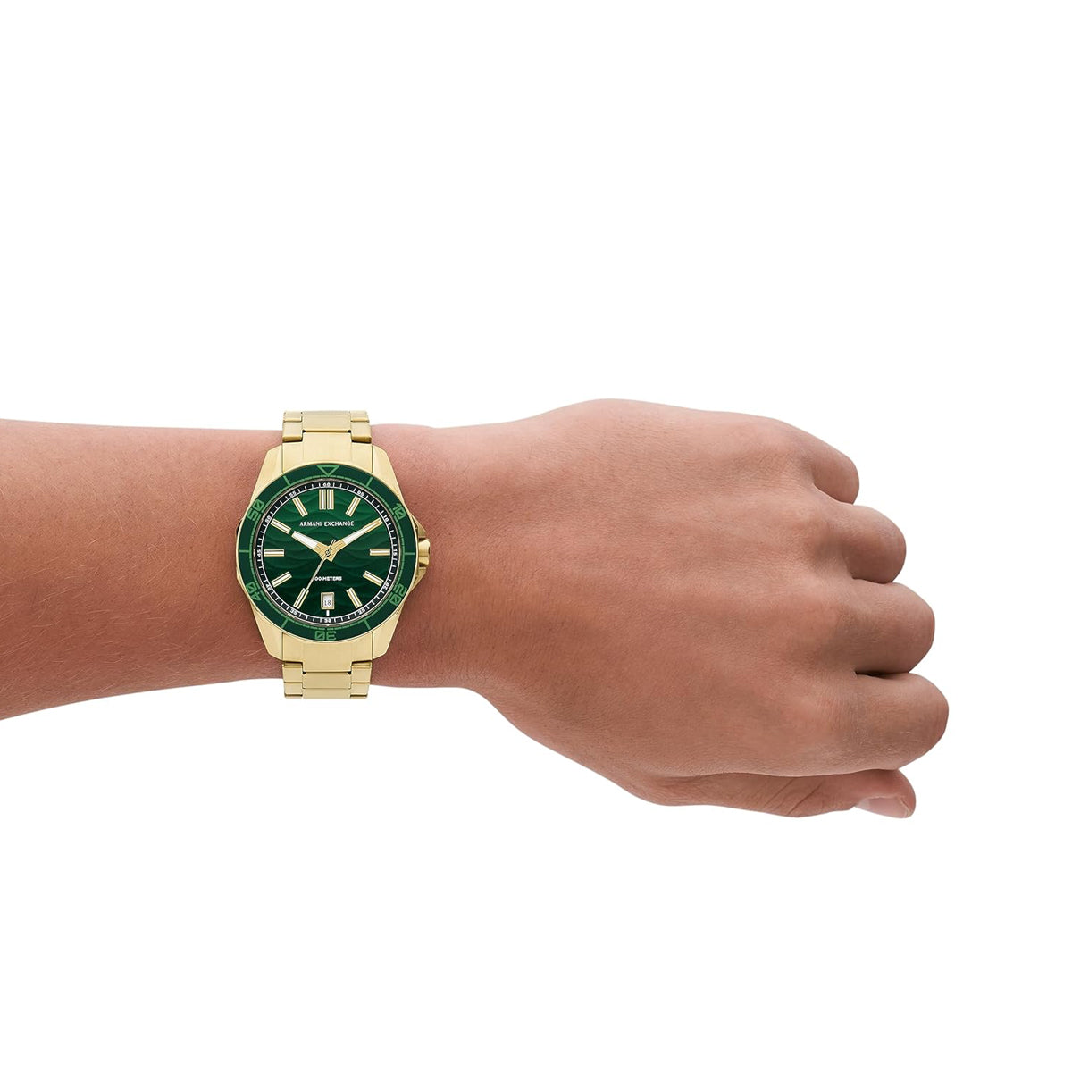 A|X ARMANI EXCHANGE Mod. SPENCER wristwatch on wrist, SS IP Gold, water resistant, quartz movement, mineral dial, elegant design.