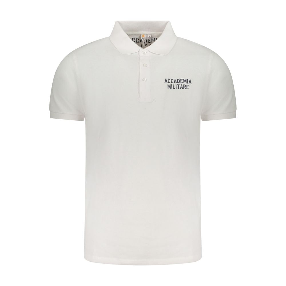 Accademia Militare White Cotton Polo Shirt with short sleeves and a 3-button design, featuring a contrast print and logo.