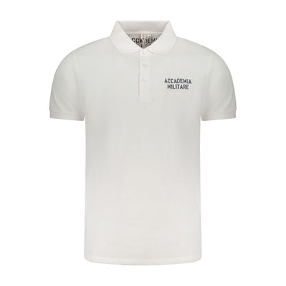 Accademia Militare White Cotton Polo Shirt with short sleeves and a 3-button design, featuring a contrast print and logo.