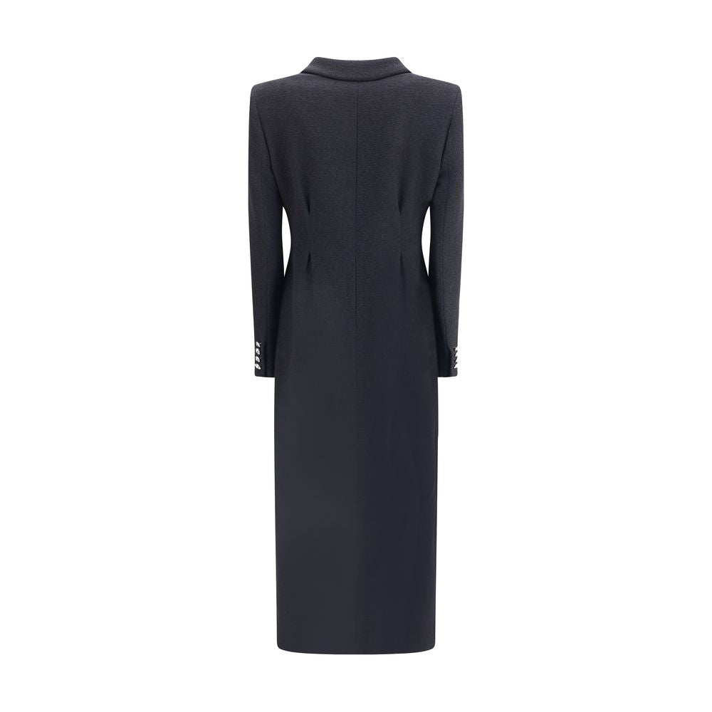 Back view of Alessandra Rich Black Fleece Wool Coat with elegant long design and stylish detailing, showcasing timeless sophistication.