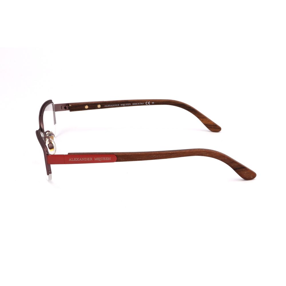Alexander McQueen Bicolor Metal Frames in burgundy and red semi-matte, side view of elegant designer eyewear for women.