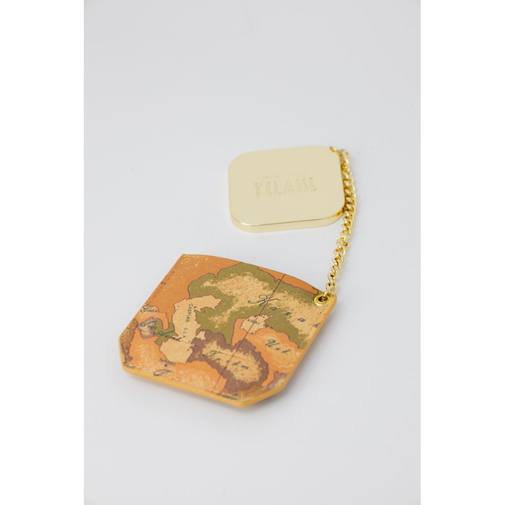 Alviero Martini Prima Classe Beige Copper Accessory women's keychain with map design and gold-tone chain.