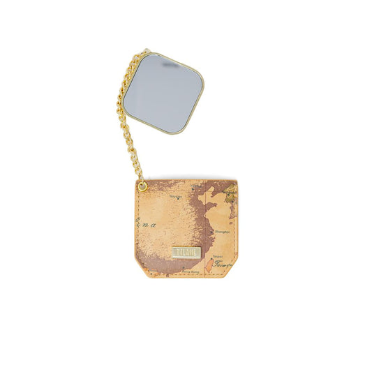 Alviero Martini Prima Classe Beige Copper Accessory women's keychain with gold-tone chain and map design.