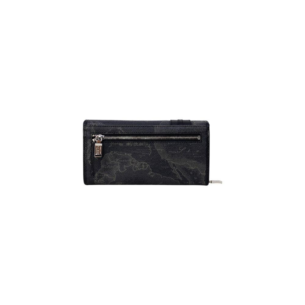 Alviero Martini Prima Classe Black Leather Wallet with geographic print, front view showing zippered pocket.