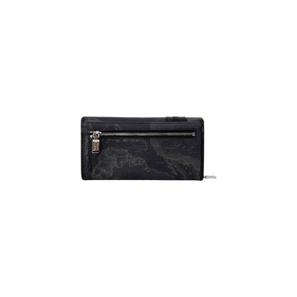 Alviero Martini Prima Classe Black Leather Wallet with geographic print, front view showing zippered pocket.