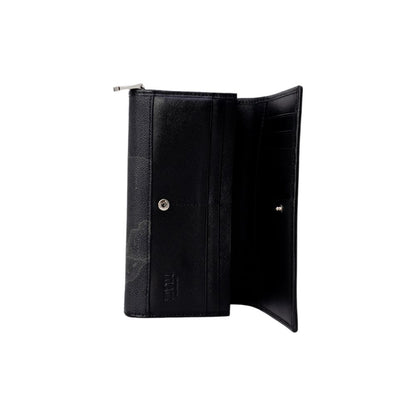 Open view of Alviero Martini Prima Classe Black Leather Wallet showing interior compartments.