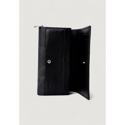 Open Alviero Martini Prima Classe Black Leather Wallet showing interior compartments