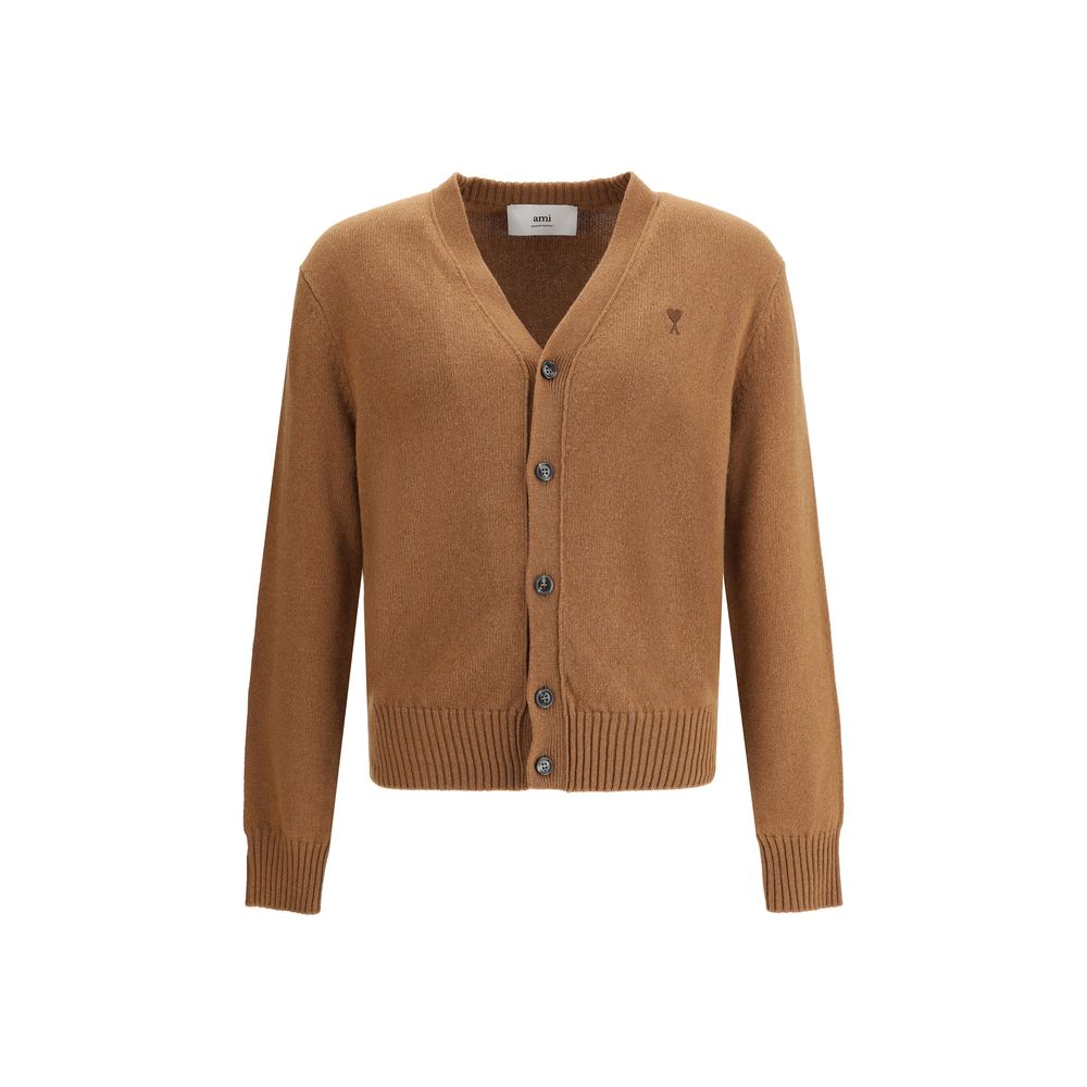 Ami Paris Ami De Coeur Cardigan with button closure, ribbed cuffs, and iconic embroidered logo, made of 97% Kashmir for AW25 season.