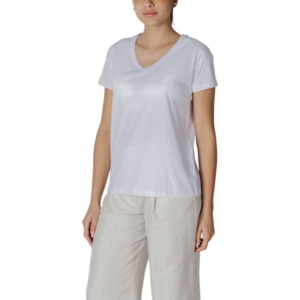 Woman wearing Armani Exchange White Cotton T-Shirt, short-sleeved, 100% cotton.