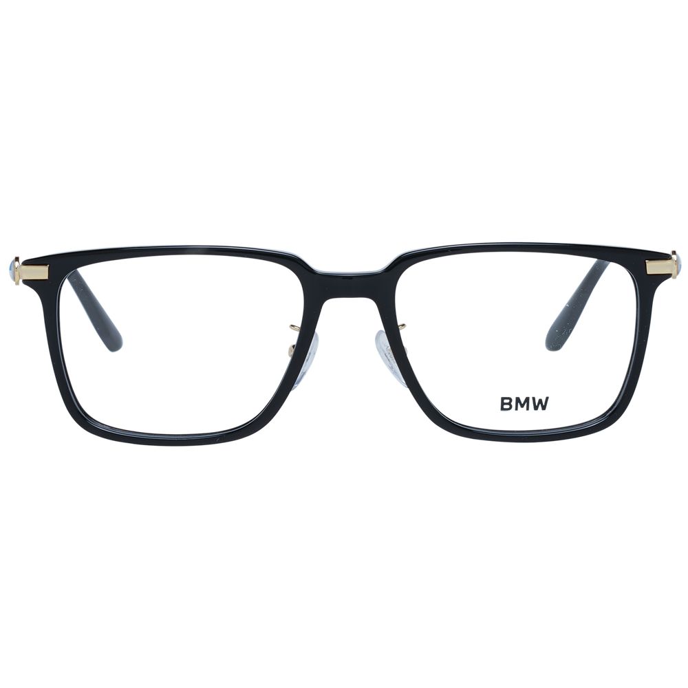 BMW Black Men Glasses Frame, rectangle, full-rim design with black metal and plastic frame, demo lenses, includes branded case.