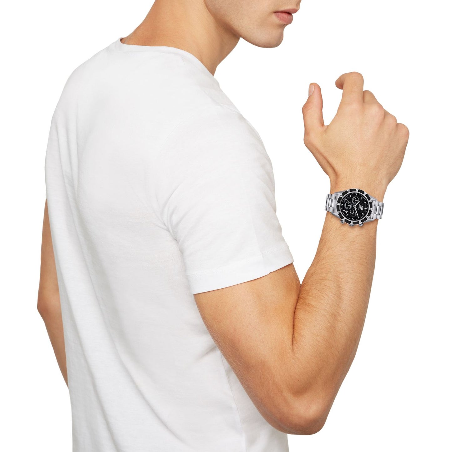 Man wearing BREIL Mod. TW1980 watch on wrist, featuring 43mm case, quartz movement, chronograph functions, in official packaging.