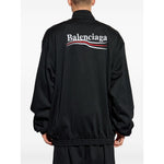 Balenciaga Coats Black, Political Campaign blouson jacket with back logo, two-way zip, side pockets, size 2, model 6ft 1in