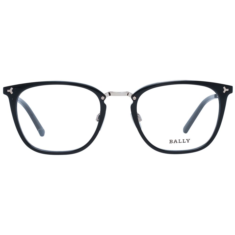 Bally Black Men Glasses Frame with metal black full-rim trapezium design, demo lenses, and branded case included.