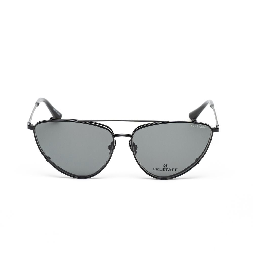 Belstaff Black Titanium Frames with grey lenses, handmade in Japan from high-grade materials, featuring Carl Zeiss lenses and 100% UV protection.