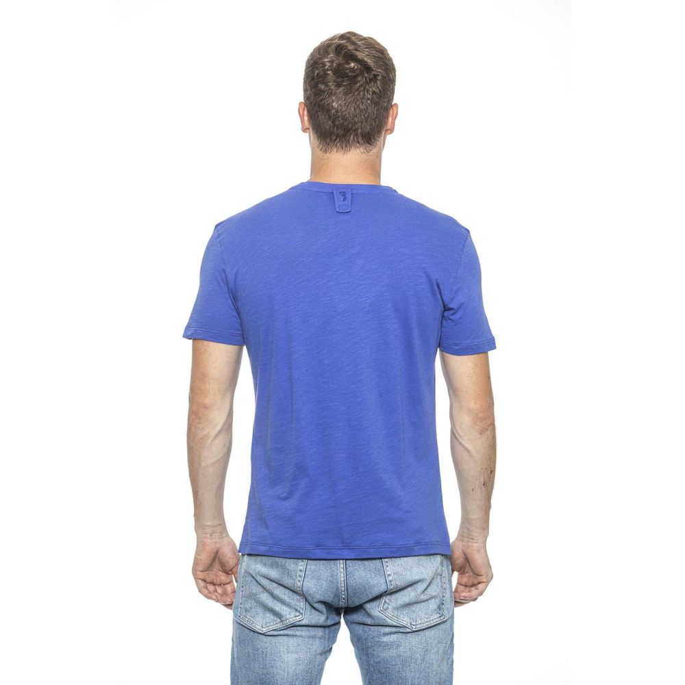 Back view of Billionaire Italian Couture Light Blue Cotton T-Shirt, round neck design, worn by a model, stylish and versatile fashion.
