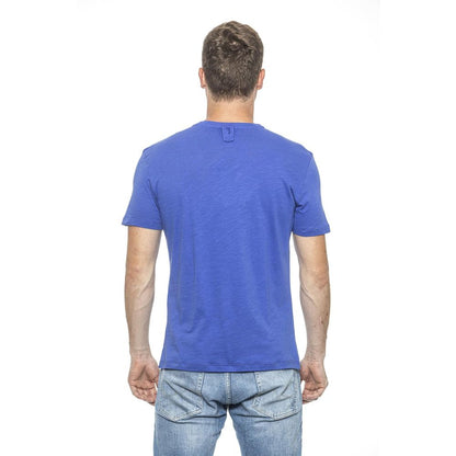 Back view of Billionaire Italian Couture Light Blue Cotton T-Shirt, round neck design, worn by a model, stylish and versatile fashion.