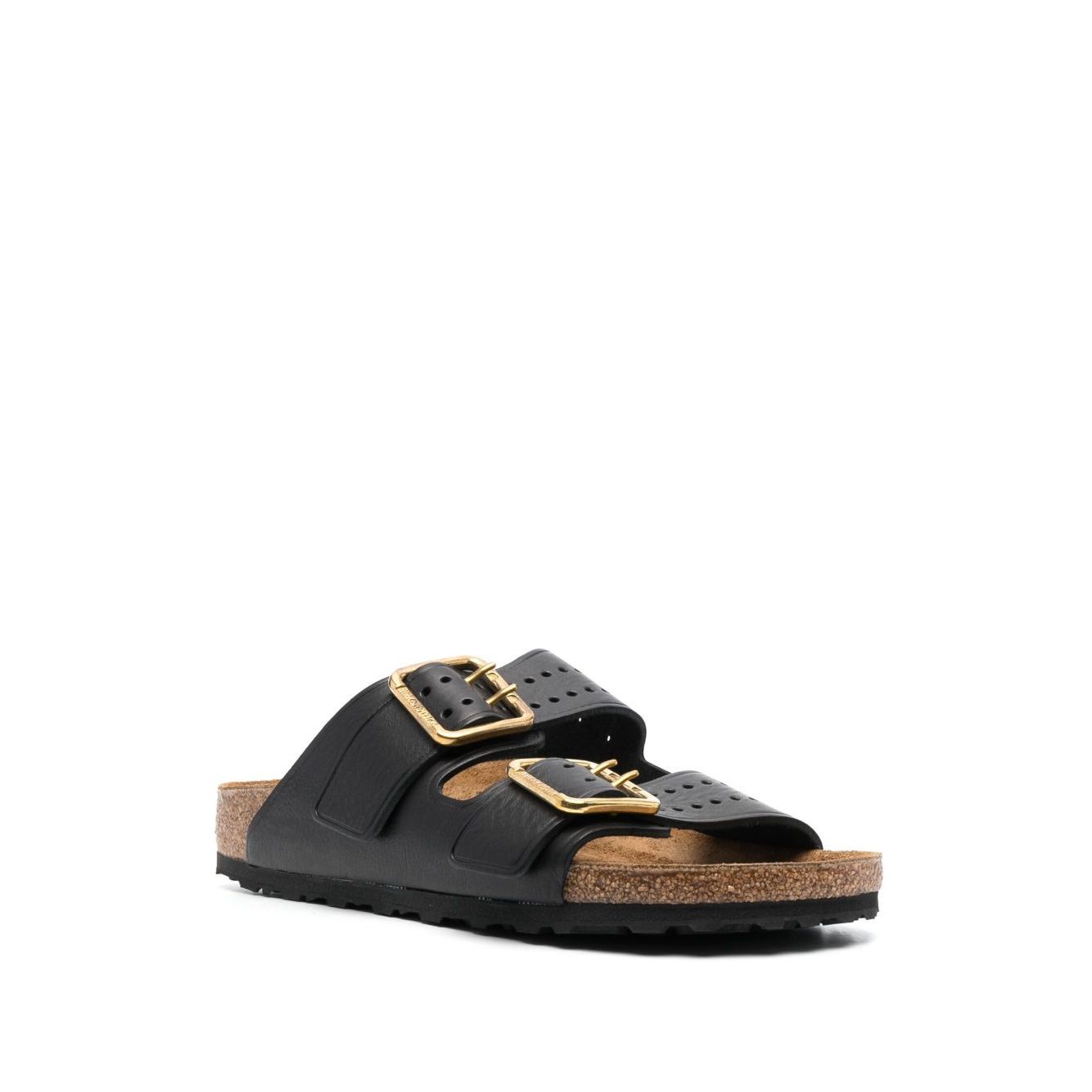 Birkenstock Double-strap leather sandals with black leather, logo-engraved buckles, perforated details, and gold-tone hardware.