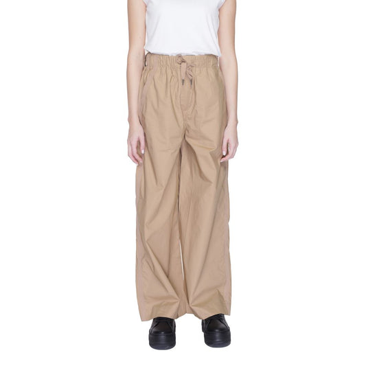 Blauer Beige Cotton Casual Pants for women with wide palazzo style, elasticated waistband, and side pockets, perfect for spring and summer.
