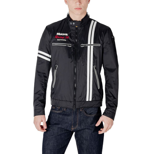 Blauer Black Polyamide Biker Jacket with sporty stripes and embroidered chest details, model CHELLMAN 25SBLUC01576, front view.