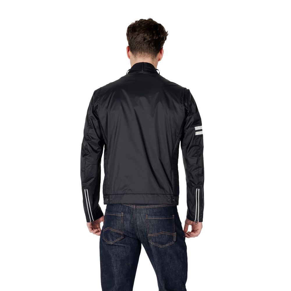 Back view of Blauer Black Polyamide Biker Jacket, model CHELLMAN 25SBLUC01576, showing sporty design with contrast stripes.