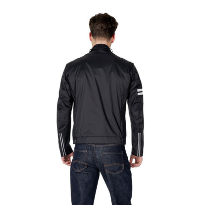 Back view of Blauer Black Polyamide Biker Jacket, model CHELLMAN 25SBLUC01576, showing sporty design with contrast stripes.