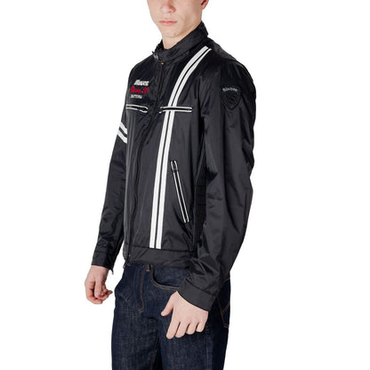Man wearing Blauer Black Polyamide Biker Jacket with contrast stripes and stand-up collar for contemporary style.
